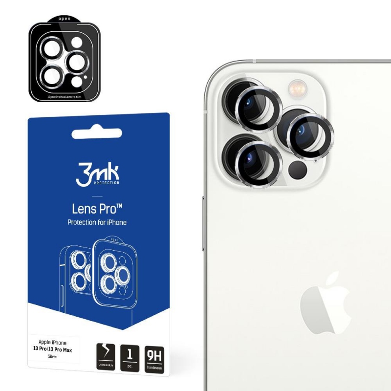 Sklo fotoaparátu pro iPhone 13 Pro Max / 13 Pro 9H pro 3mk Lens Protection Pro Series Lens – stříbrné