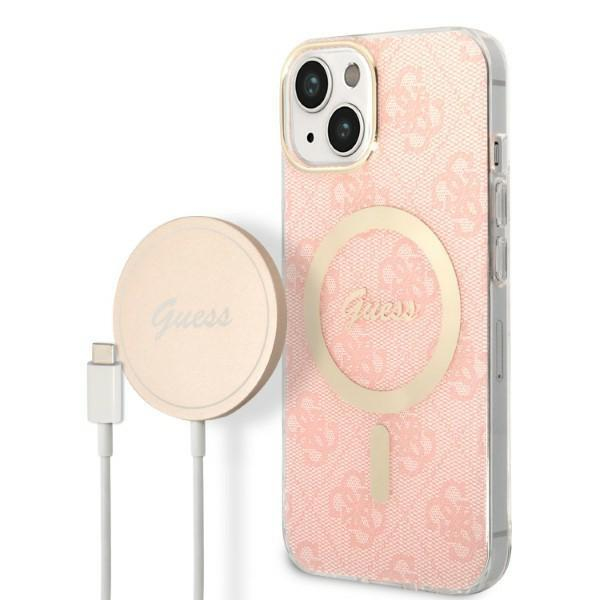 Set Guess GUBPP14SH4EACSP Case+ Charger iPhone 14 6,1" růžové/růžové pevné pouzdro 4G Print MagSafe