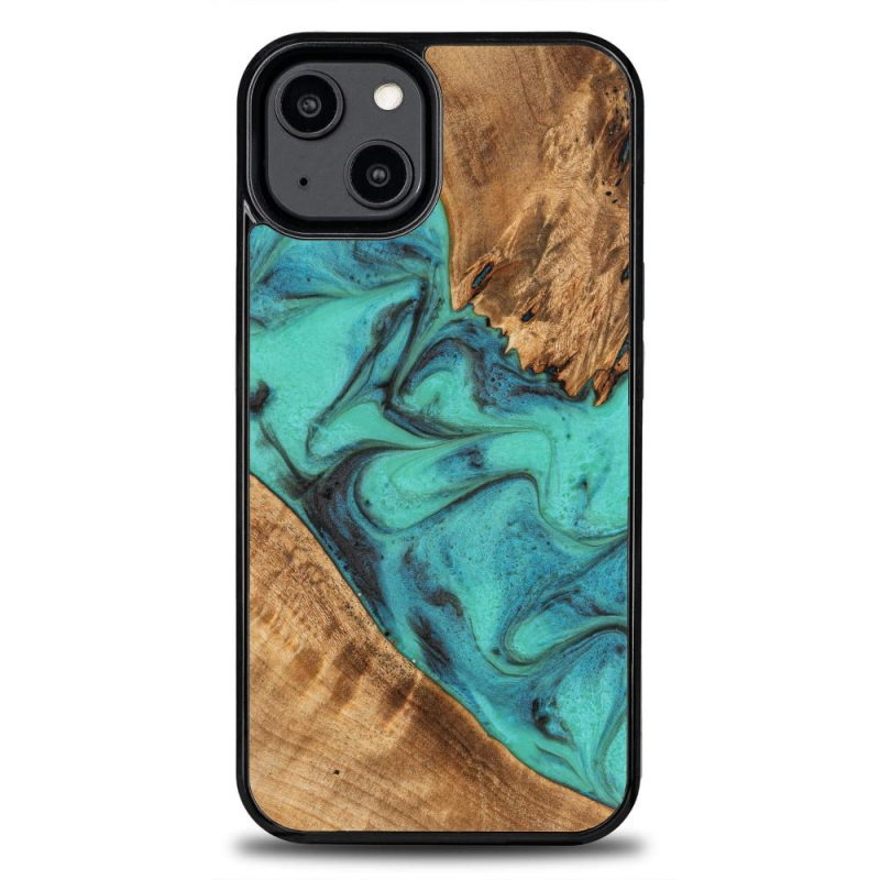 Dřevěný a resinový obal pro iPhone 15 Plus Bewood Unique Turquoise - tyrkysový a černý