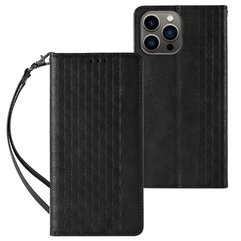 Pouzdro s magnetickým popruhem pro iPhone 14 Flip Wallet Mini Stojánek na šňůrku černé