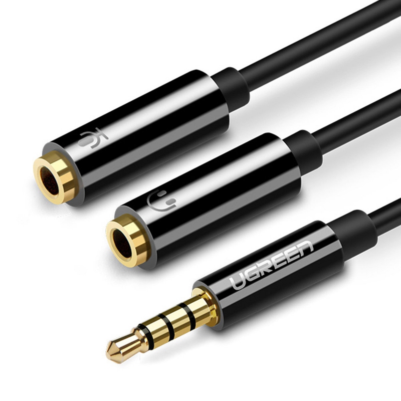 Ugreen kabel kabelový rozbočovač sluchátek mini jack 3,5 mm - 2 x mini jack 3,5 mm (mikrofon + stereo výstup) černý (AV141)