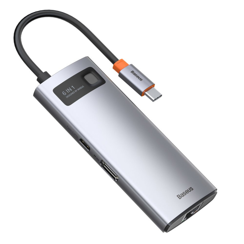 Baseus Metal Gleam 6in1 multifunkční rozbočovač USB typu C – napájení USB typu C 100 W / HDMI 4K 30 Hz / 3x USB 3.2 Gen 1 / RJ45 1 Gbps šedá (CAHUB-CW