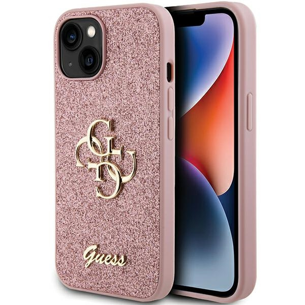 Guess Glitter Script Big 4G Case for iPhone 15 Plus - Pink