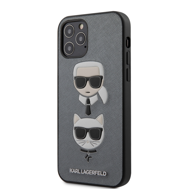 Karl Lagerfeld Saffiano K&C Heads Kryt pro iPhone 12/12 Pro Silver (KLHCP12MSAKICKCSL)