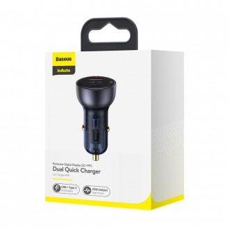 Baseus USB / USB Type C nabíječka do auta 65 W 5 A SCP Quick Charge 4.0+ Power Delivery 3.0 LCD obrazovka šedá (CCKX-C0G)