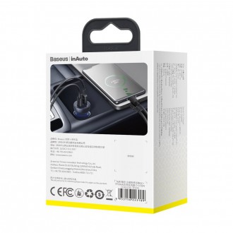 Baseus USB / USB Type C nabíječka do auta 65 W 5 A SCP Quick Charge 4.0+ Power Delivery 3.0 LCD obrazovka šedá (CCKX-C0G)