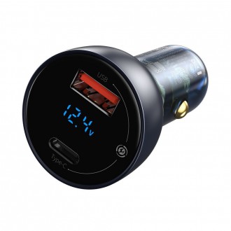 Baseus USB / USB Type C nabíječka do auta 65 W 5 A SCP Quick Charge 4.0+ Power Delivery 3.0 LCD obrazovka + USB Type C - USB Type C kabel šedý (TZCCKX