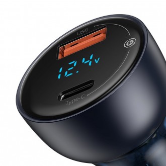 Baseus USB / USB Type C nabíječka do auta 65 W 5 A SCP Quick Charge 4.0+ Power Delivery 3.0 LCD obrazovka + USB Type C - USB Type C kabel šedý (TZCCKX