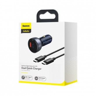 Baseus USB / USB Type C nabíječka do auta 65 W 5 A SCP Quick Charge 4.0+ Power Delivery 3.0 LCD obrazovka + USB Type C - USB Type C kabel šedý (TZCCKX