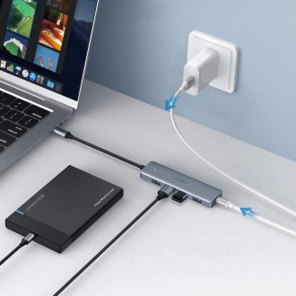[RETURNED ITEM]  HUB USB Type C splitter - 4x USB 3.2 Gen 1 with USB Type C power port gray (CM219 70336)