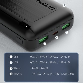 Dudao powerbank 20000 mAh Power Delivery 20 W Quick Charge 3.0 2x USB / USB Type C black (K12PQ + black)