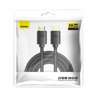 Kabel Baseus HDMI 2.1 8K 60 Hz 48 Gbps / 4K 120 Hz / 2K 144 Hz 3D eARC QMS Dynamic HDR VRR ALLM 3 m černý (CAKGQ-L01)