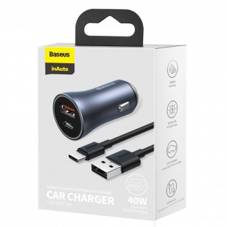 Rychlá nabíječka do auta Baseus Golden Contactor Pro USB Type C / USB 40 W Power Delivery 3.0 Quick Charge 4+ SCP FCP AFC + USB kabel - USB Type C šed