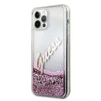 Guess GUHCP12LGLVSPI iPhone 12 Pro Max 6,7&quot; růžové/růžové pevné pouzdro Glitter Vintage Script