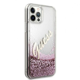 Guess GUHCP12LGLVSPI iPhone 12 Pro Max 6,7&quot; růžové/růžové pevné pouzdro Glitter Vintage Script