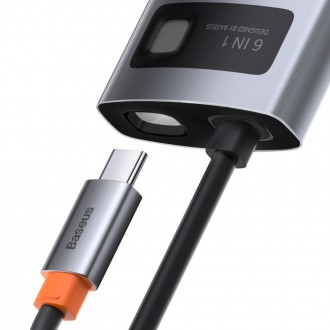 Baseus Metal Gleam 6in1 multifunkční rozbočovač USB typu C – napájení USB typu C 100 W / HDMI 4K 30 Hz / 3x USB 3.2 Gen 1 / RJ45 1 Gbps šedá (CAHUB-CW