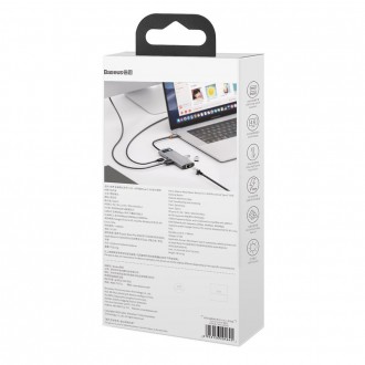 Baseus Metal Gleam 6in1 multifunkční rozbočovač USB typu C – napájení USB typu C 100 W / HDMI 4K 30 Hz / 3x USB 3.2 Gen 1 / RJ45 1 Gbps šedá (CAHUB-CW