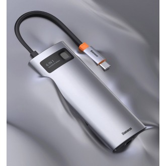 Baseus Metal Gleam 6in1 multifunkční rozbočovač USB typu C – napájení USB typu C 100 W / HDMI 4K 30 Hz / 3x USB 3.2 Gen 1 / RJ45 1 Gbps šedá (CAHUB-CW