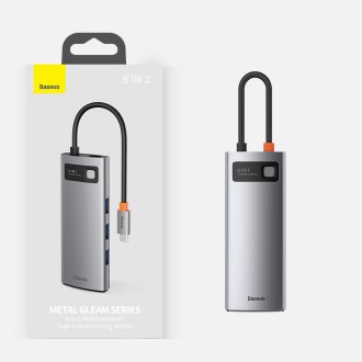 Baseus Metal Gleam 6in1 multifunkční rozbočovač USB typu C – napájení USB typu C 100 W / HDMI 4K 30 Hz / 3x USB 3.2 Gen 1 / RJ45 1 Gbps šedá (CAHUB-CW
