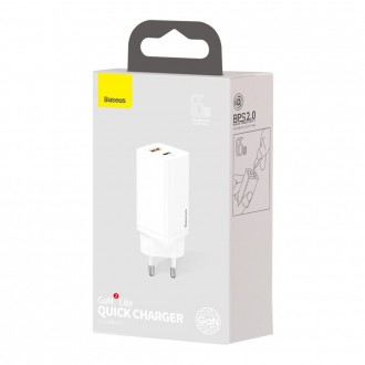 Rychlá nabíječka Baseus GaN2 Lite 65W USB / USB Type C Quick Charge 3.0 Power Delivery (nitrid galia) bílá (CCGAN2L-B02)