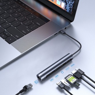 Joyroom Multifunctional USB Hub 7in1 Type C / 2 x USB 3.0 / HDMI 4K 30Hz / RJ-45 / SD Card Reader and Micro SD 100W 15cm gray (S-H111)