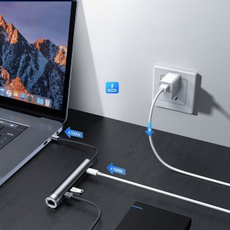 Joyroom Multifunctional USB Hub 7in1 Type C / 2 x USB 3.0 / HDMI 4K 30Hz / RJ-45 / SD Card Reader and Micro SD 100W 15cm gray (S-H111)