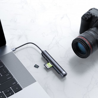 Joyroom Multifunctional USB Hub 7in1 Type C / 2 x USB 3.0 / HDMI 4K 30Hz / RJ-45 / SD Card Reader and Micro SD 100W 15cm gray (S-H111)