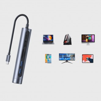 Joyroom Multifunctional USB Hub 7in1 Type C / 2 x USB 3.0 / HDMI 4K 30Hz / RJ-45 / SD Card Reader and Micro SD 100W 15cm gray (S-H111)