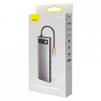 Baseus Metal Gleam 11v1 multifunkční USB Type C HUB - 3x USB 3.2 Gen 1 5Gbps / USB Type C PD 100W / 3,5mm mini jack AUX / VGA Full HD 60Hz / 2x HDMI 4
