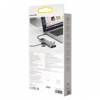 Baseus Metal Gleam 11v1 multifunkční USB Type C HUB - 3x USB 3.2 Gen 1 5Gbps / USB Type C PD 100W / 3,5mm mini jack AUX / VGA Full HD 60Hz / 2x HDMI 4