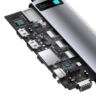 Baseus Metal Gleam 11v1 multifunkční USB Type C HUB - 3x USB 3.2 Gen 1 5Gbps / USB Type C PD 100W / 3,5mm mini jack AUX / VGA Full HD 60Hz / 2x HDMI 4