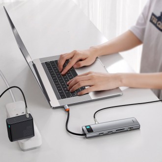 Baseus Metal Gleam 11v1 multifunkční USB Type C HUB - 3x USB 3.2 Gen 1 5Gbps / USB Type C PD 100W / 3,5mm mini jack AUX / VGA Full HD 60Hz / 2x HDMI 4