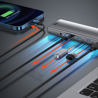 Baseus Metal Gleam 11v1 multifunkční USB Type C HUB - 3x USB 3.2 Gen 1 5Gbps / USB Type C PD 100W / 3,5mm mini jack AUX / VGA Full HD 60Hz / 2x HDMI 4
