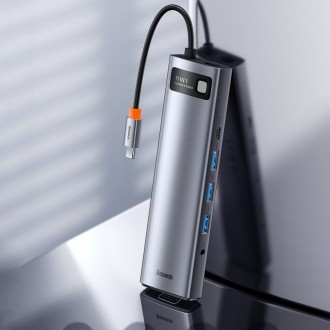 Baseus Metal Gleam 11v1 multifunkční USB Type C HUB - 3x USB 3.2 Gen 1 5Gbps / USB Type C PD 100W / 3,5mm mini jack AUX / VGA Full HD 60Hz / 2x HDMI 4