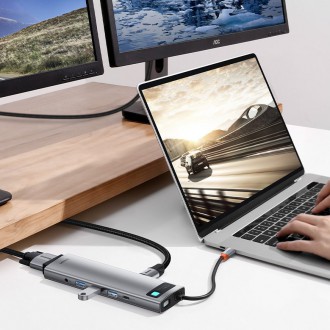 Baseus Metal Gleam 11v1 multifunkční USB Type C HUB - 3x USB 3.2 Gen 1 5Gbps / USB Type C PD 100W / 3,5mm mini jack AUX / VGA Full HD 60Hz / 2x HDMI 4