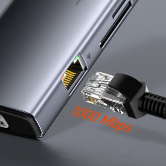 Baseus Metal Gleam 11v1 multifunkční USB Type C HUB - 3x USB 3.2 Gen 1 5Gbps / USB Type C PD 100W / 3,5mm mini jack AUX / VGA Full HD 60Hz / 2x HDMI 4