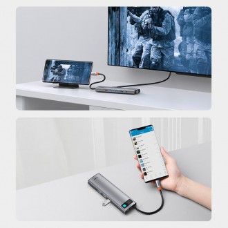 Baseus Metal Gleam 11v1 multifunkční USB Type C HUB - 3x USB 3.2 Gen 1 5Gbps / USB Type C PD 100W / 3,5mm mini jack AUX / VGA Full HD 60Hz / 2x HDMI 4