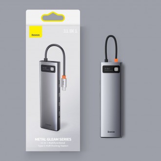 Baseus Metal Gleam 11v1 multifunkční USB Type C HUB - 3x USB 3.2 Gen 1 5Gbps / USB Type C PD 100W / 3,5mm mini jack AUX / VGA Full HD 60Hz / 2x HDMI 4