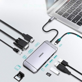 Choetech 9in1 multifunctional USB Type C HUB - 3x USB 3.2 Gen 1 / SD and TF memory card reader / HDMI 4K 30Hz / VGA Full HD 60Hz / USB Type C / RJ45 g