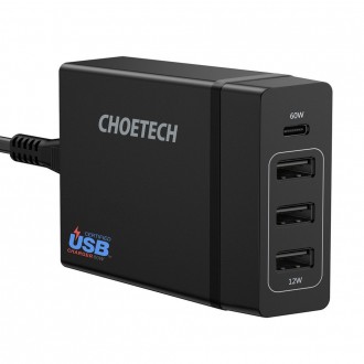 Choetech travel wall Charger 3x USB / 1X USB Type C 60W Power Delivery black (PD72-1C3U)