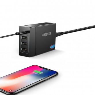Choetech travel wall Charger 3x USB / 1X USB Type C 60W Power Delivery black (PD72-1C3U)