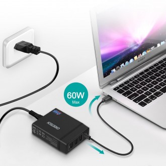 Choetech travel wall Charger 3x USB / 1X USB Type C 60W Power Delivery black (PD72-1C3U)