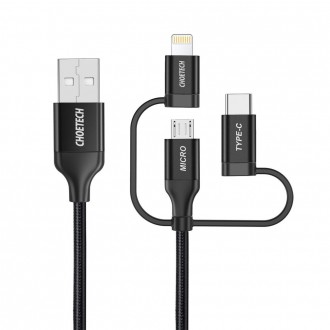 Choetech 3in1 MFI cable USB - USB Type C / micro USB / Lightning (charging 3A / data transmission 480 Mbps) 1.2m black (IP0030-BK)