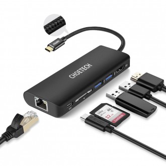 Choetech docking station adapter hub USB Typ C 6in1 100W PD black (HUB-M05)