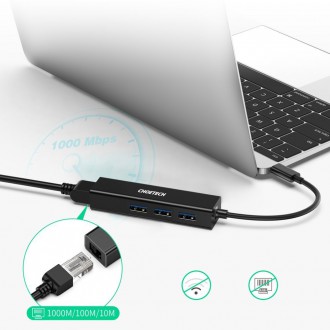 Choetech multifunctional HUB 4in1 USB Type C 3x USB 3.0 / Ethernet RJ-45 gray (HUB-U02BK)