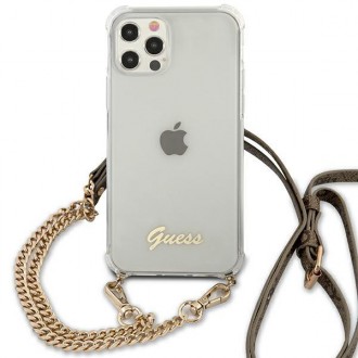 Guess GUHCP12MKC4GSGO iPhone 12/12 Pro 6,1&quot; průhledné pevné pouzdro 4G zlatý řetěz