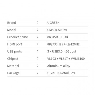 Ugreen 4in1 multi-functional HUB USB Type C - 3x USB 3.2 Gen 1 / HDMI 2.1 8K 30Hz gray (50629 CM500)