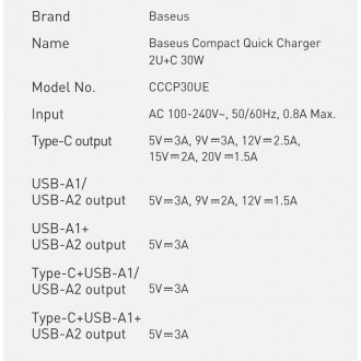 Baseus Kompaktní rychlá nabíječka 2x USB / USB Typ C 30W 3A Power Delivery Quick Charge bílá (CCXJ-E02)