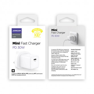 Joyroom wall travel charger USB Type C / USB 30W Power Delivery Quick Charge 4,5A (UK plug) white (L-QP303)