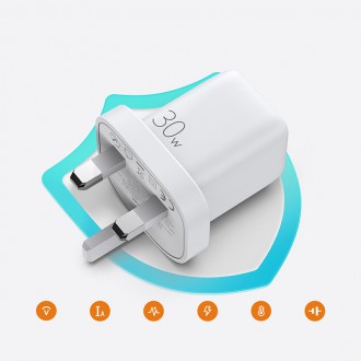 Joyroom wall travel charger USB Type C / USB 30W Power Delivery Quick Charge 4,5A (UK plug) white (L-QP303)